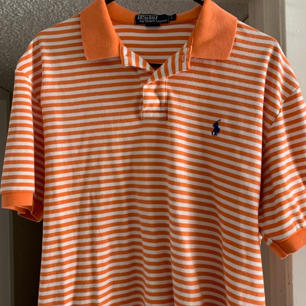 Men Polo Size Large Shirt (Orange/White Stripe) Blue Horse and Long Tail